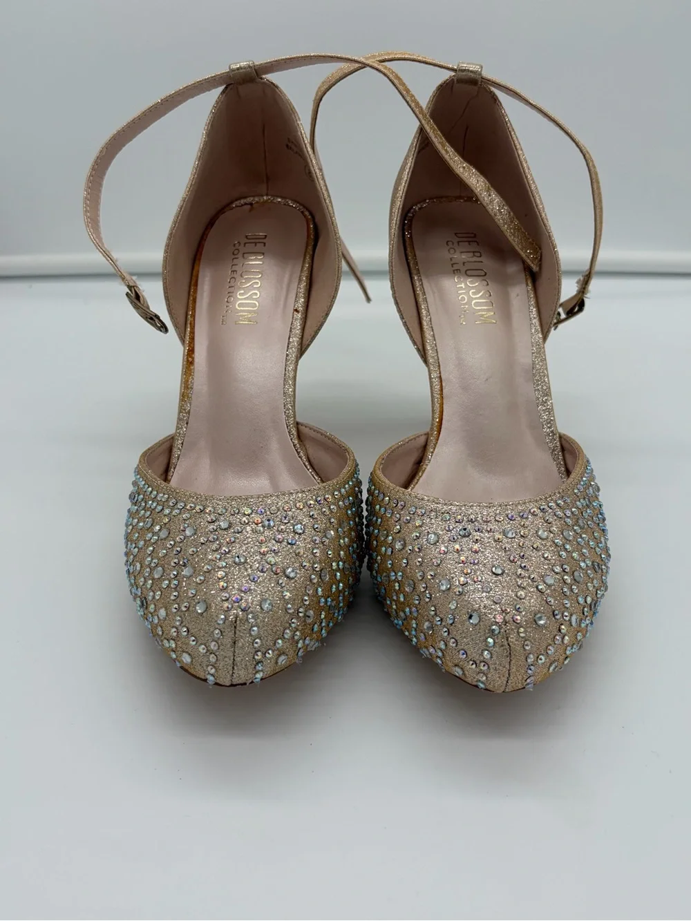 De Blossom Collection Champagne Crystal-Embellished Ankle-Strap Heels